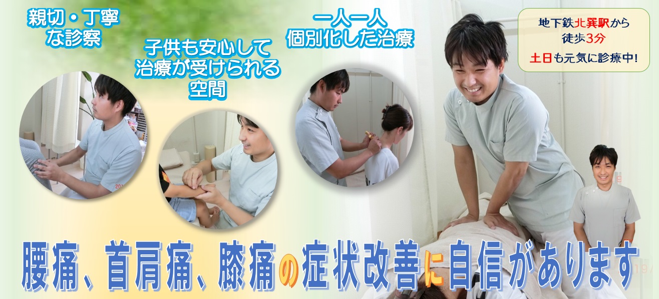 親切、丁寧な診療。子供も安心して治療が受けられる空間。一人一人個別化した治療。腰痛、首肩痛、膝痛の症状改善に自信があります。地下鉄北巽駅から徒歩3分、土日も元気に診察中!